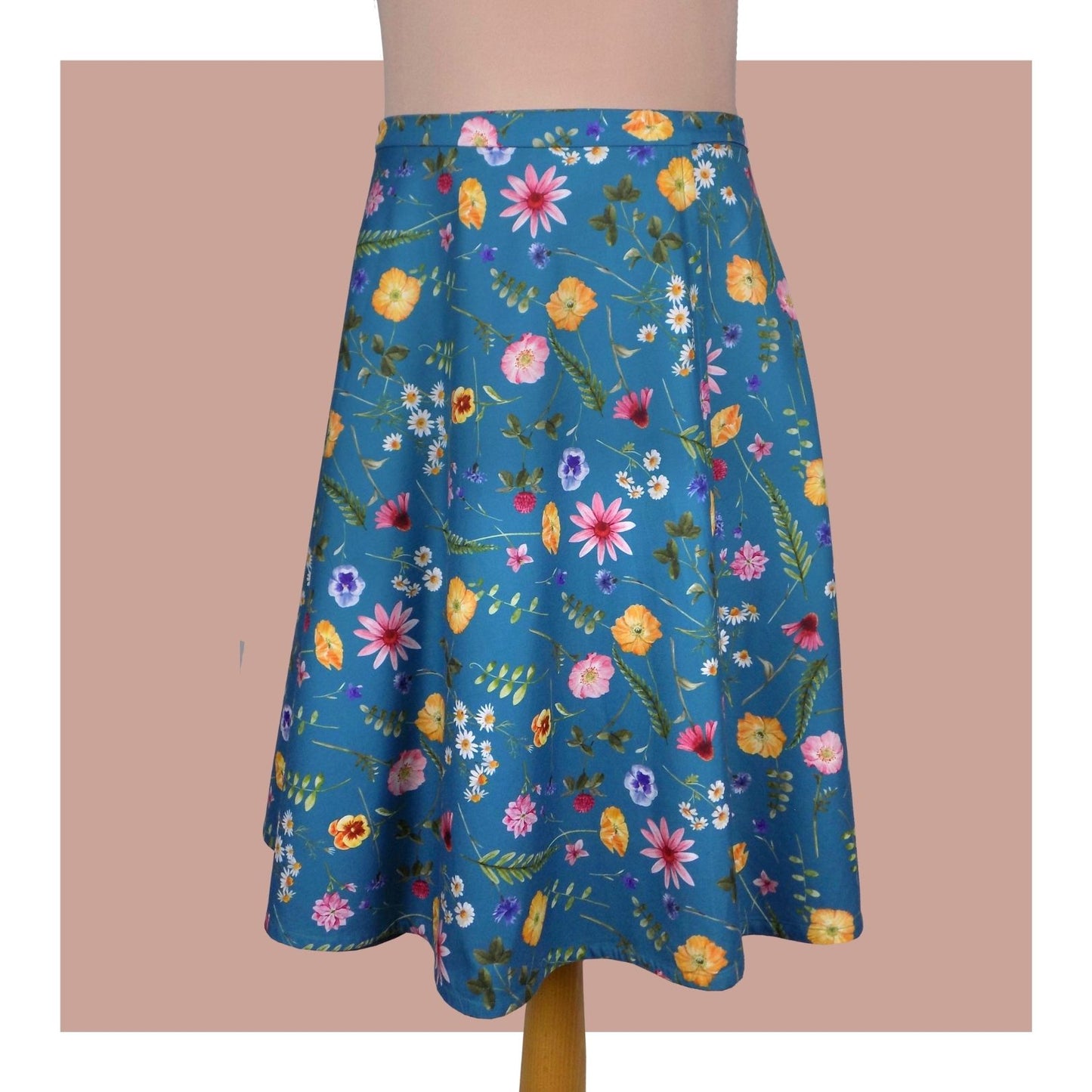Cotton skirt - Wild flowers on teal